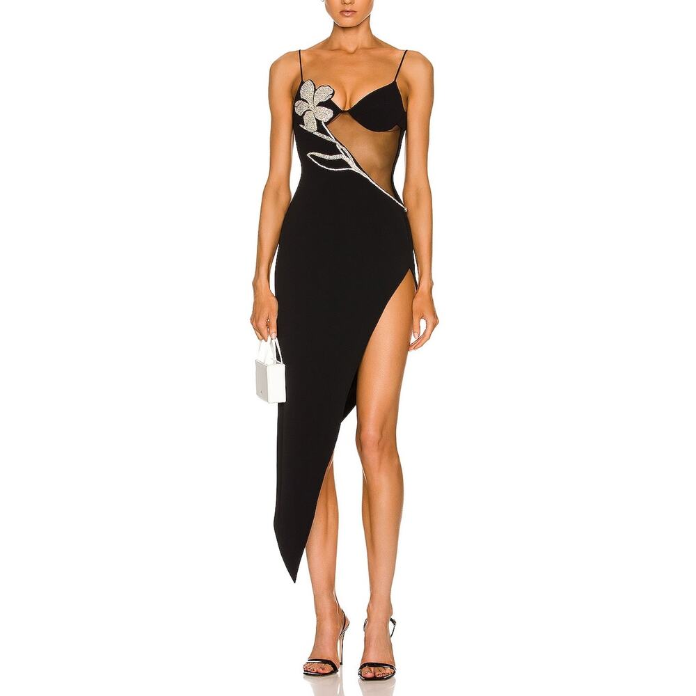 David Koma Embellished Black Flower Net Midi Dress Size UK 8 / 4 US NWT